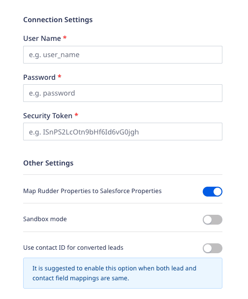 Salesforce connection settings